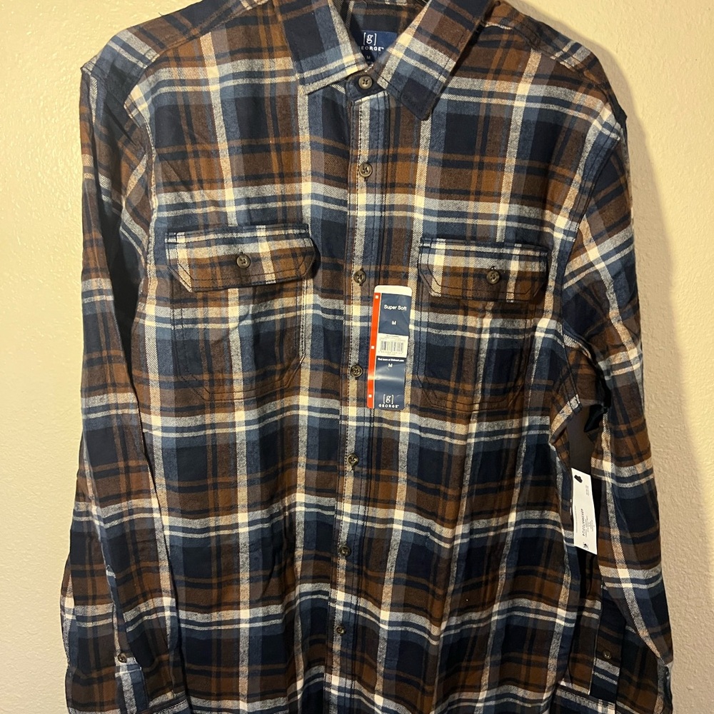 George Men's Blue and Brown Plaid Long Sleeve Shirt